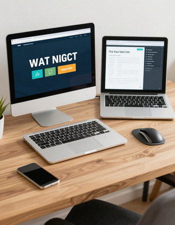 Webpage Layout Content Template Networking Website Concept on Computer and Laptop