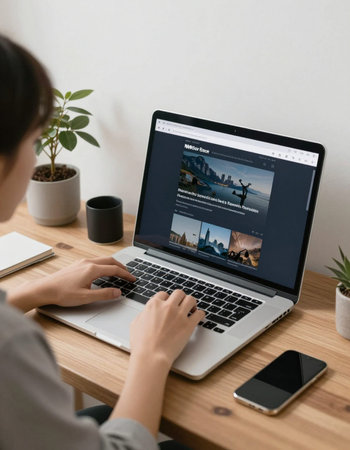 Woman using laptop at home. Freelance and online shopping concept.