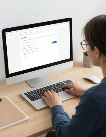 Woman working on computer in office, closeup. Online shopping concept