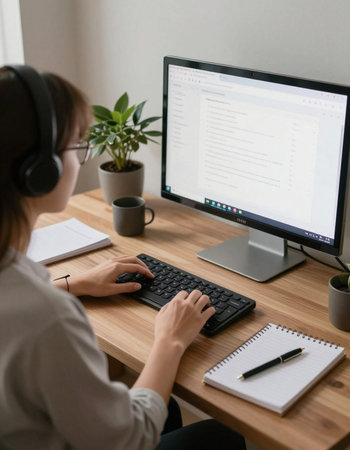 Young woman in headphones using computer at home office. Freelance business concept
