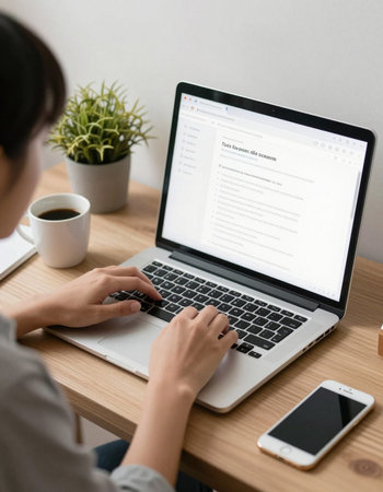 woman working on laptop computer at home office. work from home concept