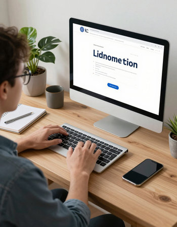Man working on computer with learning online website on the screen. All screen graphics are made up.