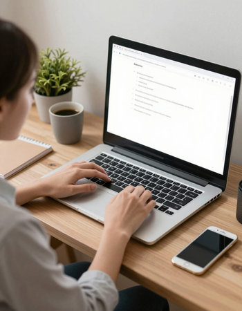Woman working on laptop at home office. Freelance business concept.