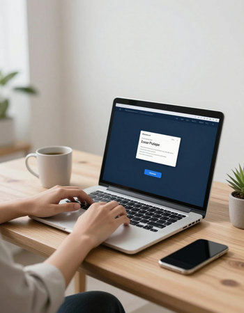 Woman using laptop with login form on screen. Online shopping concept.