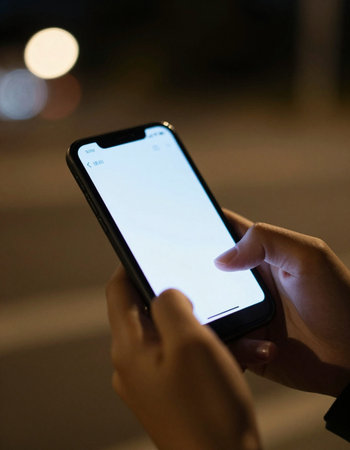 Woman using mobile smart phone with blank screen in the city at night