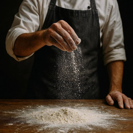 A man in a black apron sprinkles flour on the table.