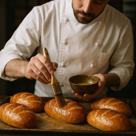 cropped shot of male pastry chef preparing croissants in bakery