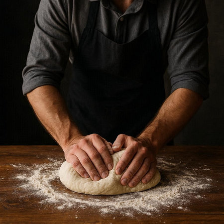 Male hands kneading dough on wooden table over dark background.