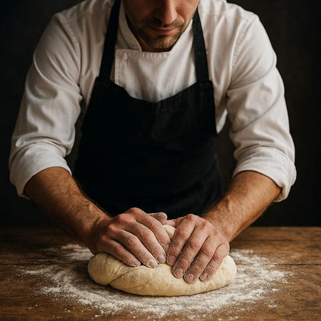Cropped image of male baker kneading dough on wooden table over dark background