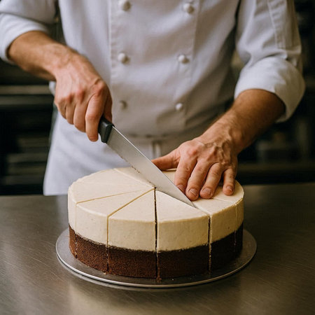 Chef cutting a cake with a knife.