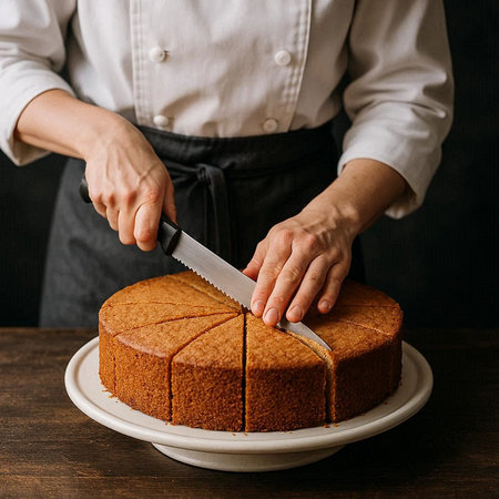 Female hands cutting a cake with a knife on a wooden table.