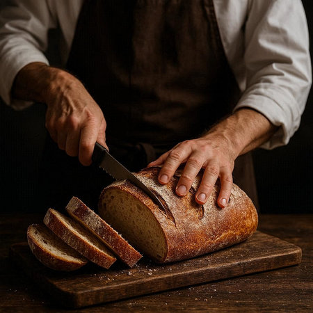 Male hands cutting a loaf of bread with a knife on a wooden cutting board.