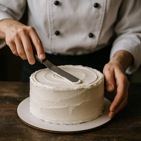 Close-up of female hands cutting white cake with a knife.