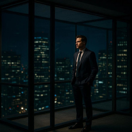 Portrait of a handsome businessman standing in front of a window at night.