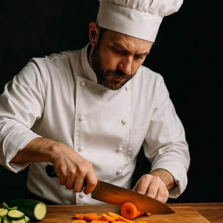 Chef cutting vegetables on a wooden cutting board. Dark background.