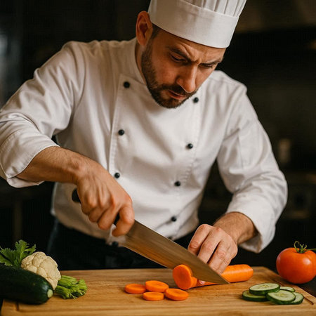 Chef cutting fresh vegetables on wooden cutting board in the kitchen.
