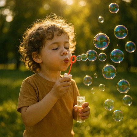 Portrait of a little boy with soap bubbles in the park.