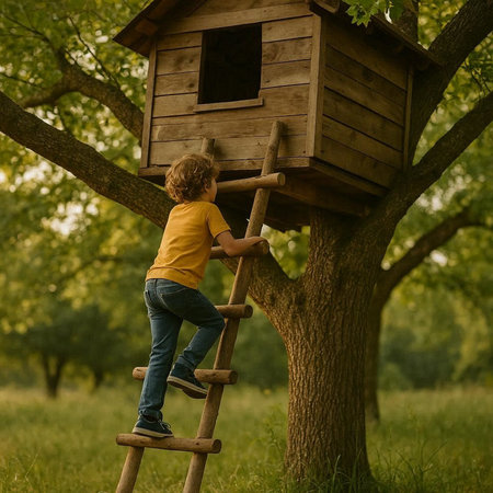 Little boy climbing a wooden birdhouse on a tree in the park