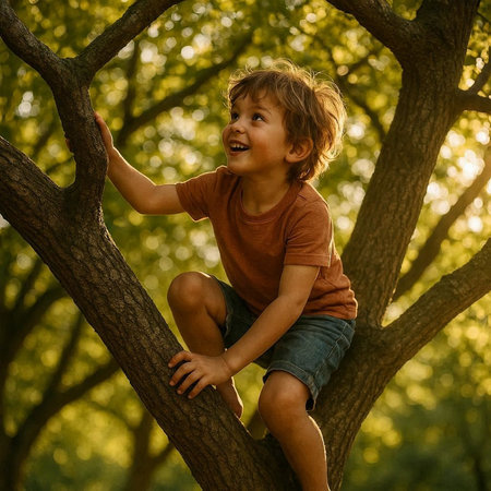 Cute little boy having fun on a tree in the park.