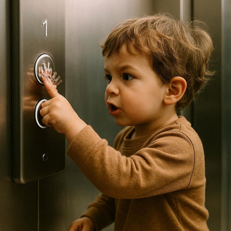 Cute little boy pressing the button of the elevator. Selective focus.