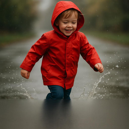 Cute little boy in red raincoat playing in the rain.の写真素材