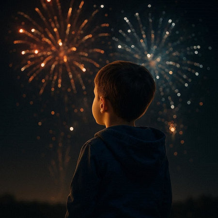 Little boy watching fireworks on the background of the night sky. The concept of new year and...