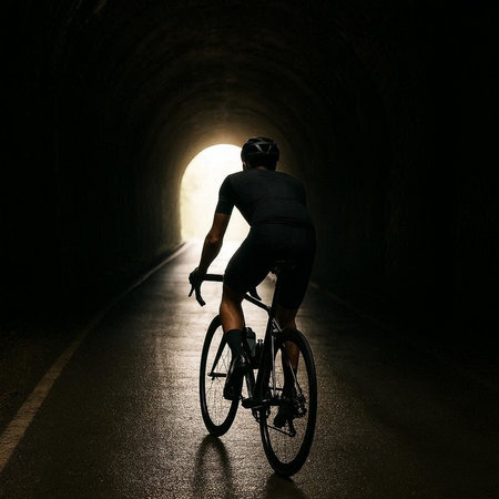 Cyclist in tunnel at night. Sport and healthy lifestyle concept.の写真素材