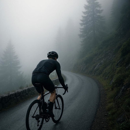 Cyclist riding on the road in the foggy mountains.