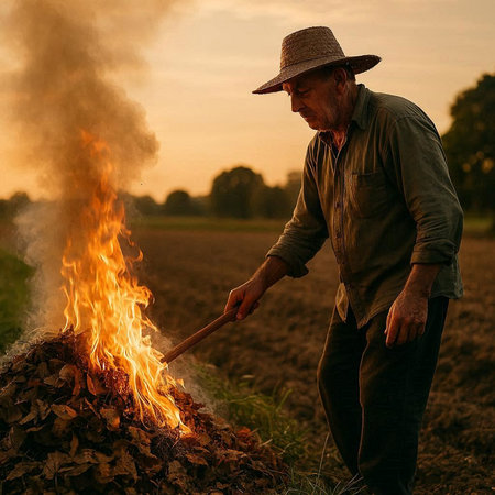 Farmer with a burning fire in the field at sunset time.