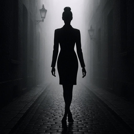 Fashionable silhouette of a woman in a foggy alley.