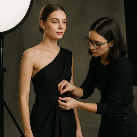 Beautiful young woman in black dress and eyeglasses is looking at the camera while standing in the...