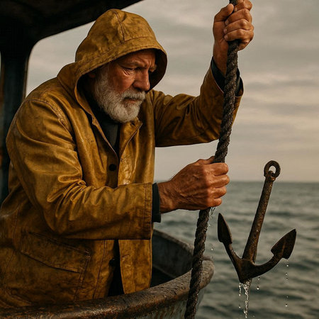Portrait of an old man fishing on a boat in the sea