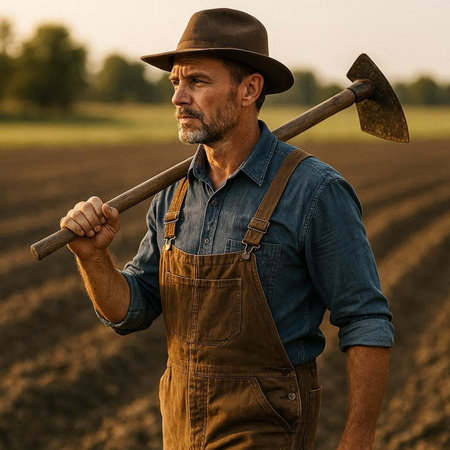 Farmer with a shovel in his hands standing in the field.