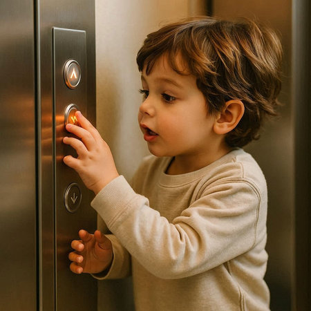 Toddler boy standing in front of an elevator and pressing a button