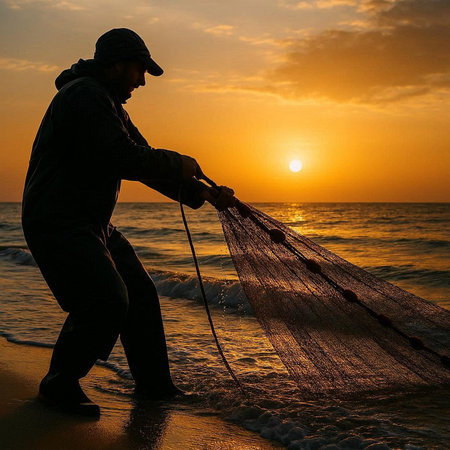 Fisherman with fishing net on the beach at sunset time.