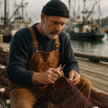 Fisherman with fishing net. Portrait of senior man in apron and cap sitting on pier and working with...