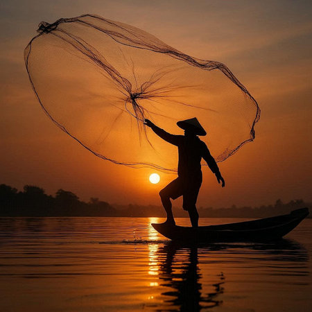 Fisherman at sunrise in Inle Lake, Shan State, Myanmar