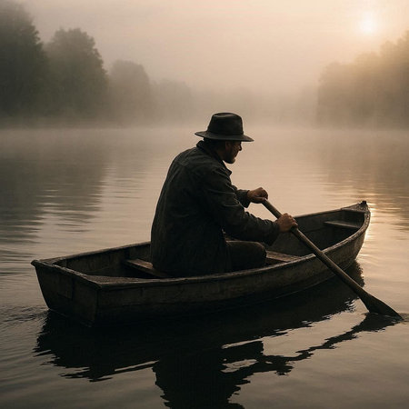 Fisherman in a boat on a foggy lake at sunrise