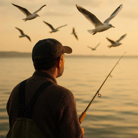 Fisherman with fishing rod and seagulls at sunset
