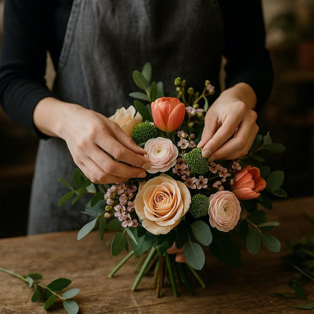 Female florist making a beautiful bouquet of mixed flowers.