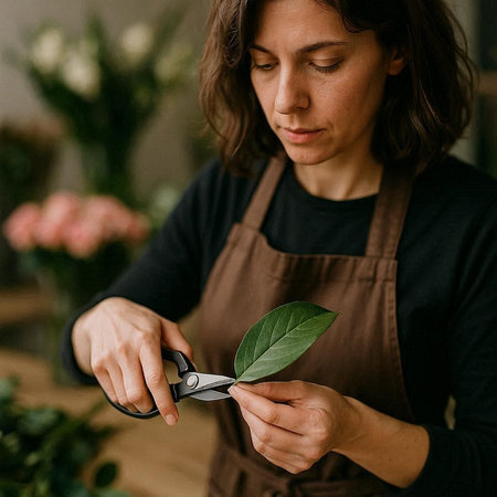 Female florist cutting a green leaf with scissors in flower shop