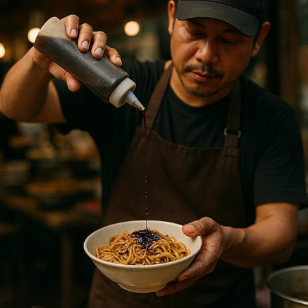 Close-up of Asian man pouring sauce from shaker into bowl.