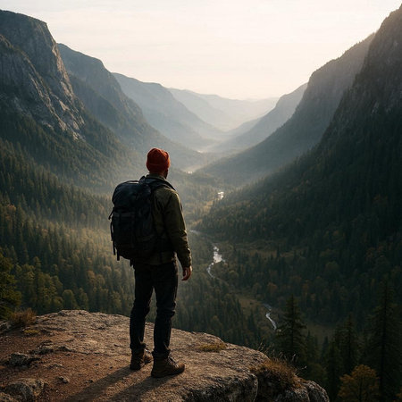 Hiker with backpack and red hat standing on the edge of a cliff and looking at the valley