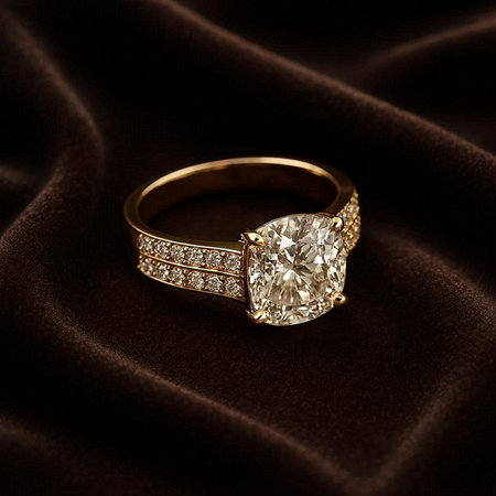 gold ring with diamonds on brown satin background, closeup view