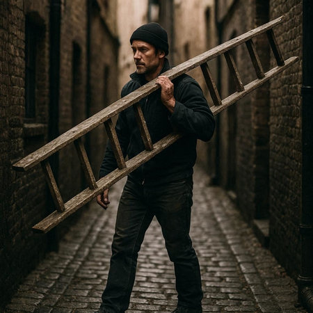Bearded man in a black jacket with a wooden ladder in the city.