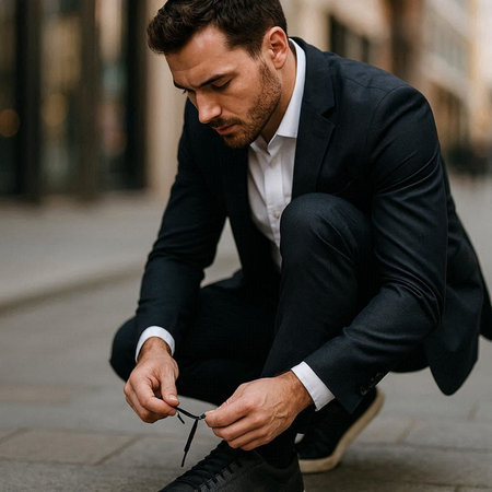 Handsome young businessman in a black suit fixing his shoelace outdoors