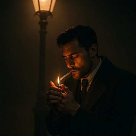 Portrait of a man in a suit with a lit object in his hands.