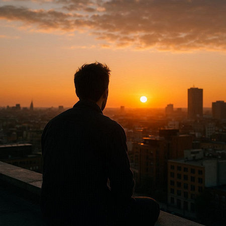 A man watching the sunset over the city.