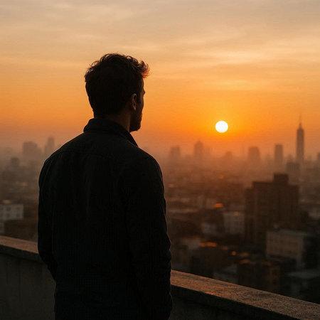 Silhouette of a young man looking at the sunset over the city