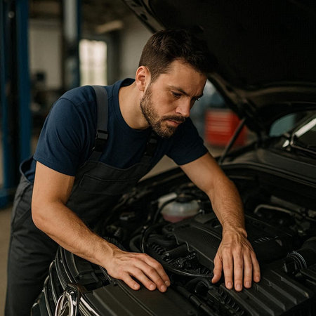 Handsome bearded mechanic checking the oil level of a car in auto repair shop